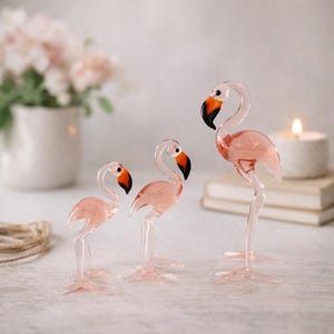 Pink Flamingo Family Glass Figurines, Handmade Tropical Bird Decor, Lampwork Flamingo Sculpture Set, Coastal Beach House Gift