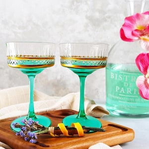 Colored Cut Crystal Vintage Glasses, Gold Rimmed Coupe Glasess, Light Green Cocktail Glass, barware, elegant glassware, wedding party gift