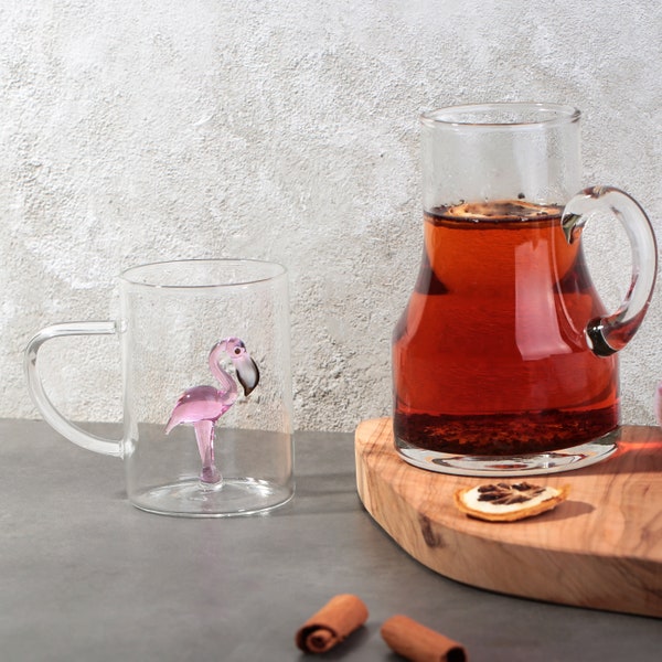 Tasse à thé en verre avec flamant rose, tasse à café en verre, tasse à oiseaux borosilicate, Animal Mug Design, tasse de boissons chaudes, tasse de petit-déjeuner, verrerie,