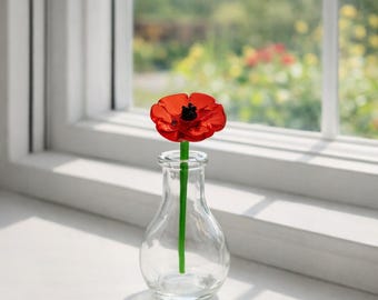 Lampwork Glass California poppy miniature, Red Poppy flower, birth flower month, tabletop office decor, blue purple white flower figurine,