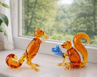 Miniature Squirrel Couple glass figurine, squirrel in love, lampwork squirrel with flower, murano, valentines day gift, anniversary gift,