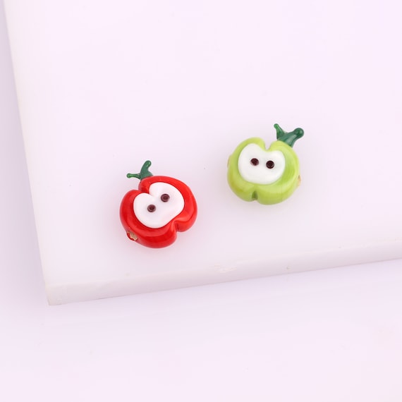Murano Glass Apple spacer bead, Red Green Fruit Charms, Artisan Lampwork drilled food Bead, DIY bracelets Bead Supply, Earring Accessories