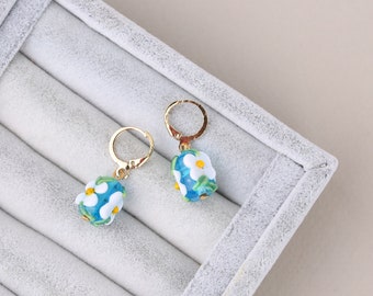 Murano glass flower charm earrings, gold boho hoop earrings, lampwork floral wedding jewelry, daisy, dainty, minimalist, christmas gift