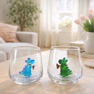 Glass cup Dinosaur with heart , funny stemless wine glass, baby dino mug, water glass, Dinosaur Baby Shower, Dino Birthday Party, Blue - Green Set 2