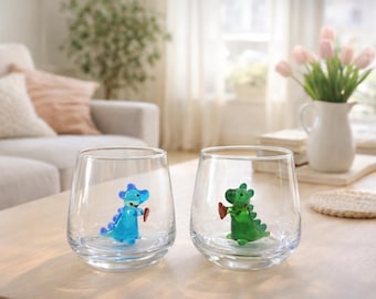 Bicchiere di vetro con dinosauro e cuore, divertente bicchiere da vino senza stelo, tazza con dinosauro, bicchiere d'acqua, baby shower a tema dinosauro, festa di compleanno a tema dinosauro,