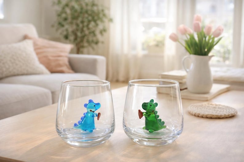 Glass cup Dinosaur with heart , funny stemless wine glass, baby dino mug, water glass, Dinosaur Baby Shower, Dino Birthday Party, Blue - Green Set 2