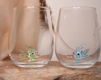 Cute drink glass with fish figurine, fish mug, water glass, tumbler, fish cup, stemless wine, glassware, drinkware, table decor, home bar