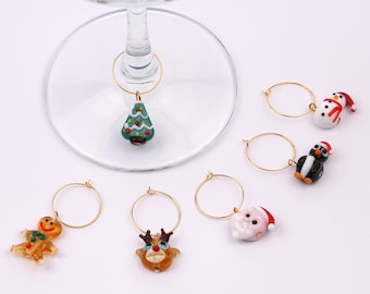 Holiday Wine glass charm, Wine Rings, glass markers, Xmas tree Gift, Wine tags, Christmas Dinner Table Decor, santa, snowman, deer, noel