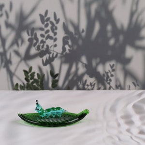 Caterpillar on leaf glass figurine, Fairy Garden Decoration, lampwork insect ornament, tabletop, desk decor, farmer gift, caterpillar lover