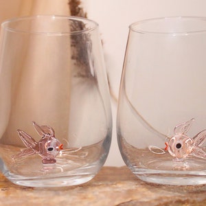 Cute drink glass with fish figurine, fish mug, water glass, tumbler, fish cup, stemless wine, glassware, drinkware, table decor, home bar Pink&Purple set2