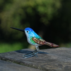 Hummingbird glass miniature, Murano glass bird, lampwork bird statue, art glass figurine, hand blown colorful bird, home office desk bird