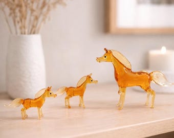 Zestaw 3 figurek koni ze szkła Murano, zwierzęta lampwork, rzeźba konia ze szkła dmuchanego, dekoracja domu, dekoracja w kształcie brązowego konia, miniaturowa szklana figurka,