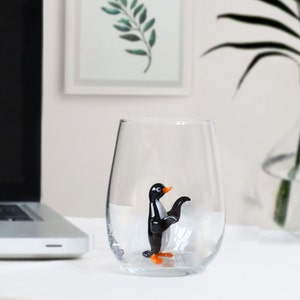 Cute penguin glass cup, animal drink glass, xmas mug, water cup, penguin mug, holiday mug, cute tumbler, handmade glassware, table decor,