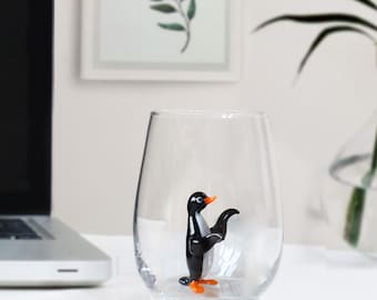 Cute penguin glass cup, animal drink glass, xmas mug, water cup, penguin mug, holiday mug, cute tumbler, handmade glassware, table decor,