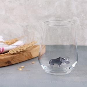 Cute Rhino Glass Mug, water drinking cup, Rhinoceros gifts, wild african animal mug, glassware, funny stemless wine glass, design glasses,