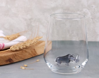 Cute Rhino Glass Mug, water drinking cup, Rhinoceros gifts, wild african animal mug, glassware, funny stemless wine glass, design glasses,