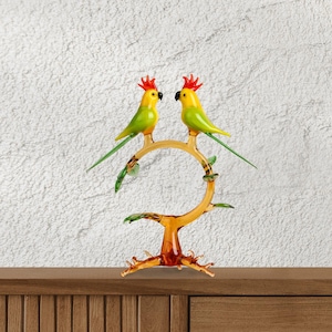 Glass Parrot sculpture, Green Glass Birds, lampwork, murano, cockatoo, Living Room Decor, Detailed Craftsmanship, Unique Home Accessory