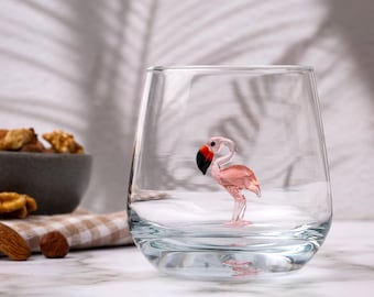 Flamingo Glass WaterCup, Pink Bird Drinking Glass, Handmade Tropical Cocktail Tumbler, Cute Barware Gift