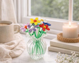 Lampwork Glass Daisy Bouquet, Handmade Glass Flowers in Mini Vase,  Floral Home Decor, Mother’s Day Gift, Unique Floral Window Decor