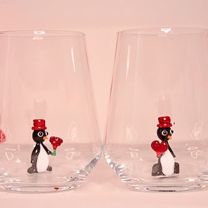 Cute valentine glasses, design glasses, glass penguin cup, penguin mug, love figurine, handmade glassware, table decor, water glass, wine