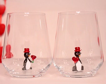 Cute valentine glasses, design glasses, glass penguin cup, penguin mug, love figurine, handmade glassware, table decor, water glass, wine