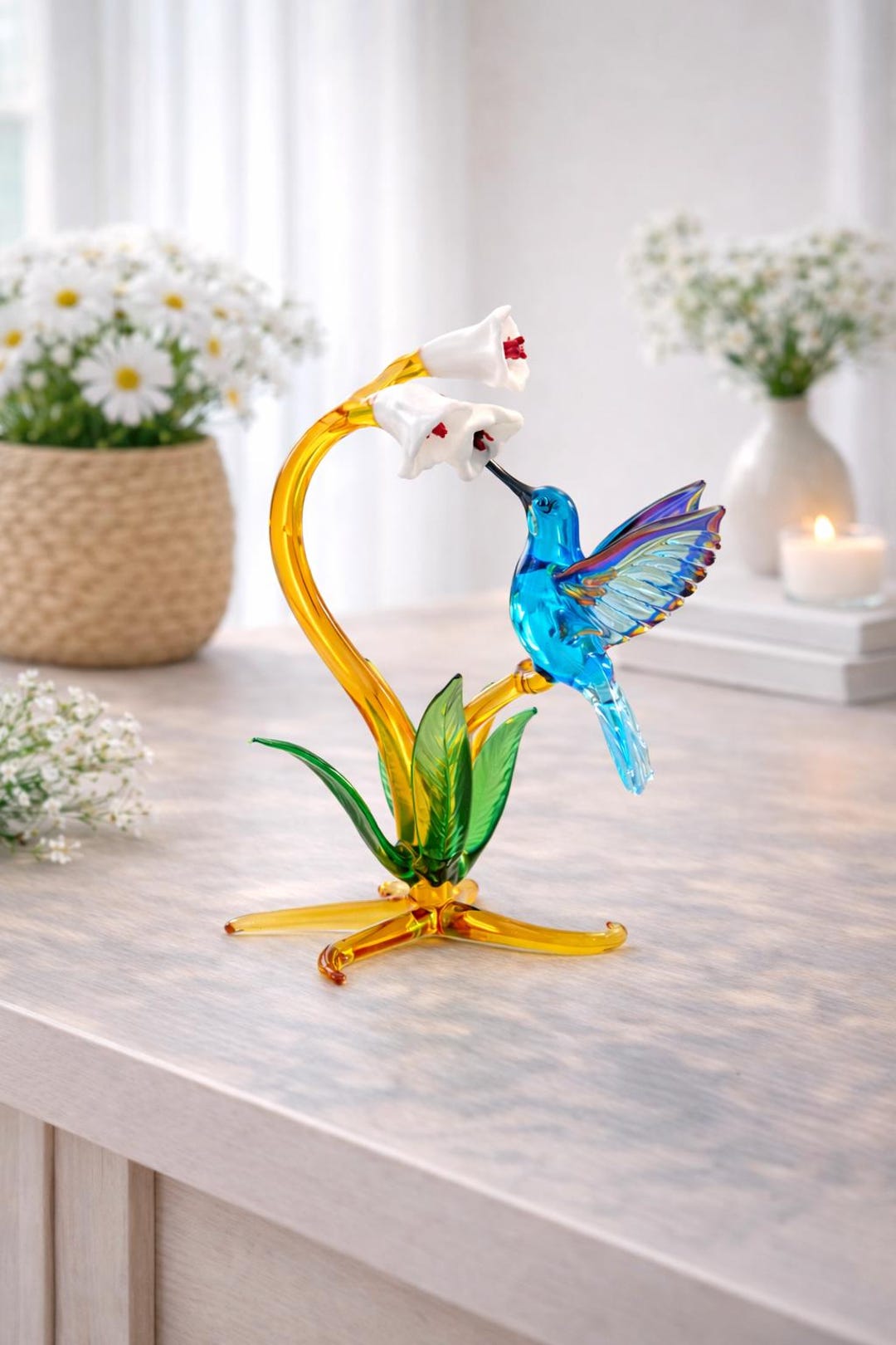 Hummingbird and Flower Glass Sculpture, Murano Glass Bird, Art