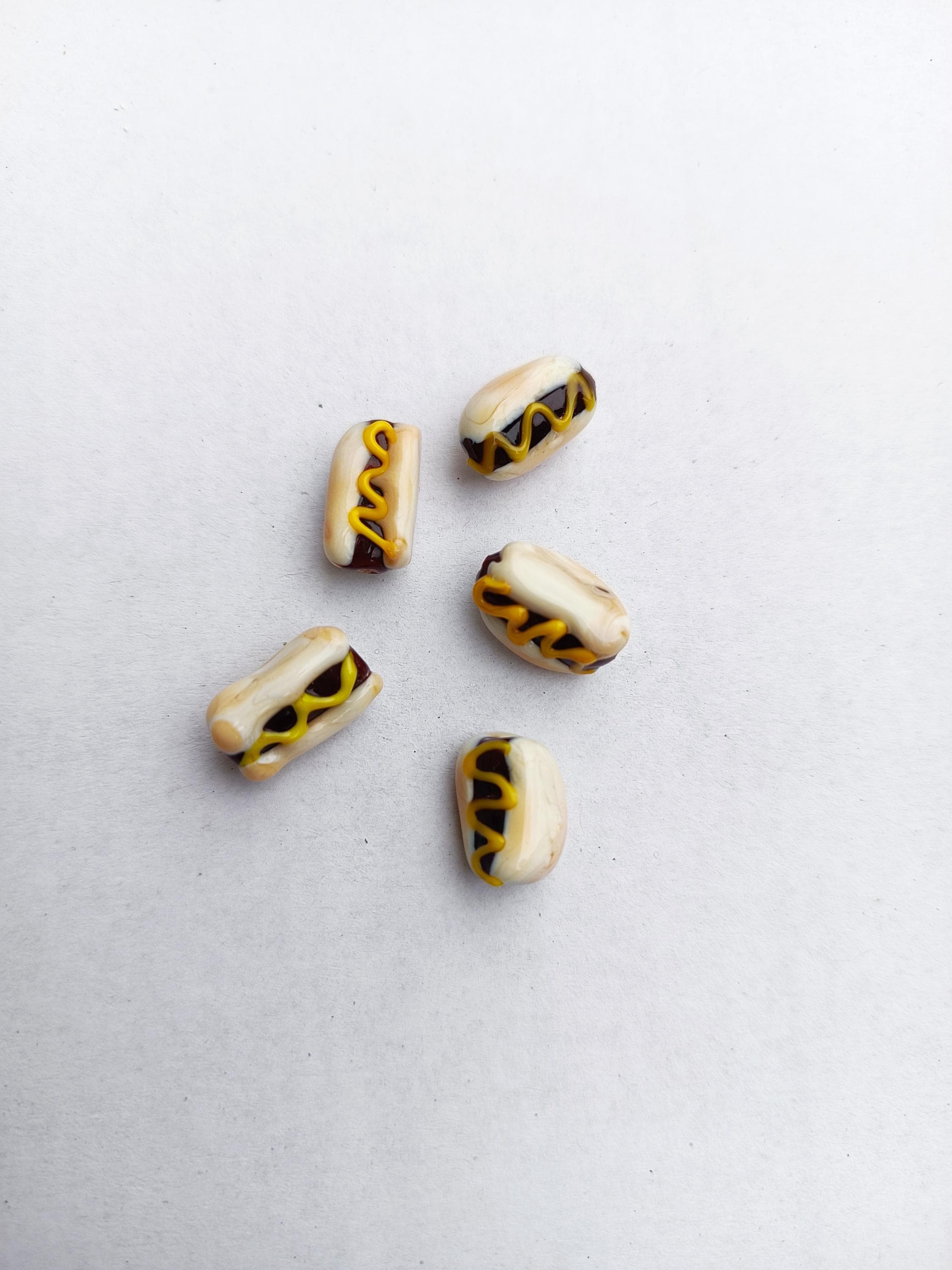 Murano Glass hot dog bead, food spacer Charms, Lampwork chef earring, breakfast charm, Fast Food Glass jewelry supplies, miniature fake food
