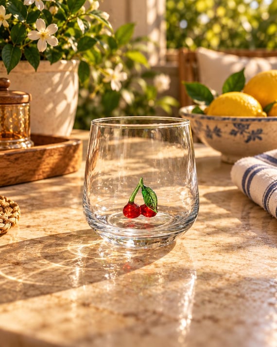 Stiellose Gläser mit Kirsche, Glaswaren, Kirschbecher, Glas für Hochzeitsfeiern, modernes Weinglas, Fruchtdekoration, Geschenk für Kirschliebhaber, Designgläser