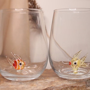 Cute drink glass with fish figurine, fish mug, water glass, tumbler, fish cup, stemless wine, glassware, drinkware, table decor, home bar Red&Yellow set2