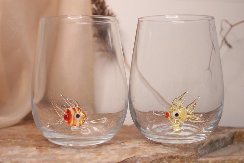 Cute drink glass with fish figurine, fish mug, water glass, tumbler, fish cup, stemless wine, glassware, drinkware, table decor, home bar Red&Yellow set2