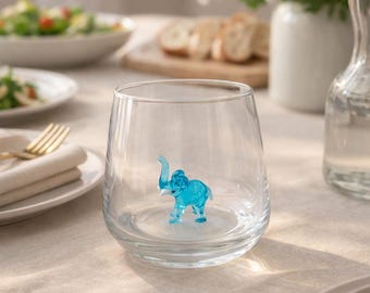 Glass cup elephant, african animal drink glass, blue elephant tumbler, table decor, water cup, safari gift, good luck mug, stemless wine