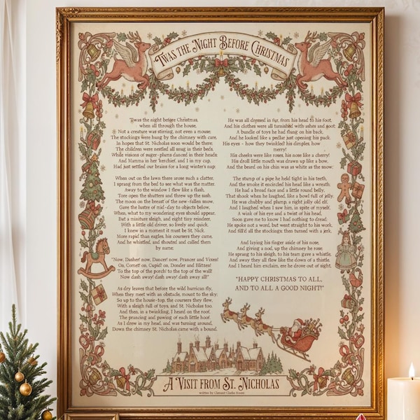 Impresión vintage del poema «La noche antes de Navidad» (descarga digital)