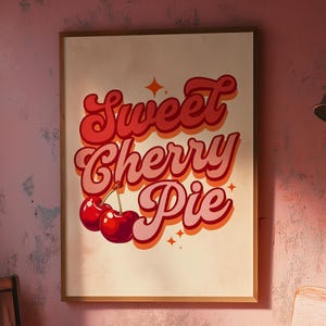 Póster de bellas artes de pastel de cerezas dulce retro, arte de postres, decoración de pared de cocina bonita, póster de tipografía estética de los años 70, arte de restaurante retro, impresión de cerezas