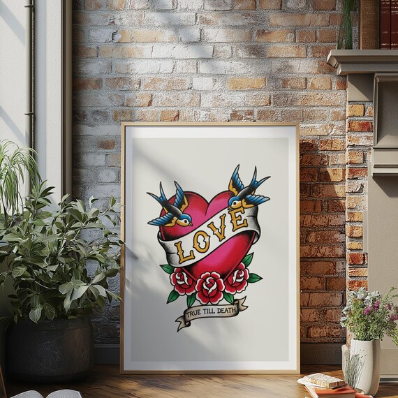 Traditional Tattoo Art Print | Heart & Swallows, Valentine's Gift