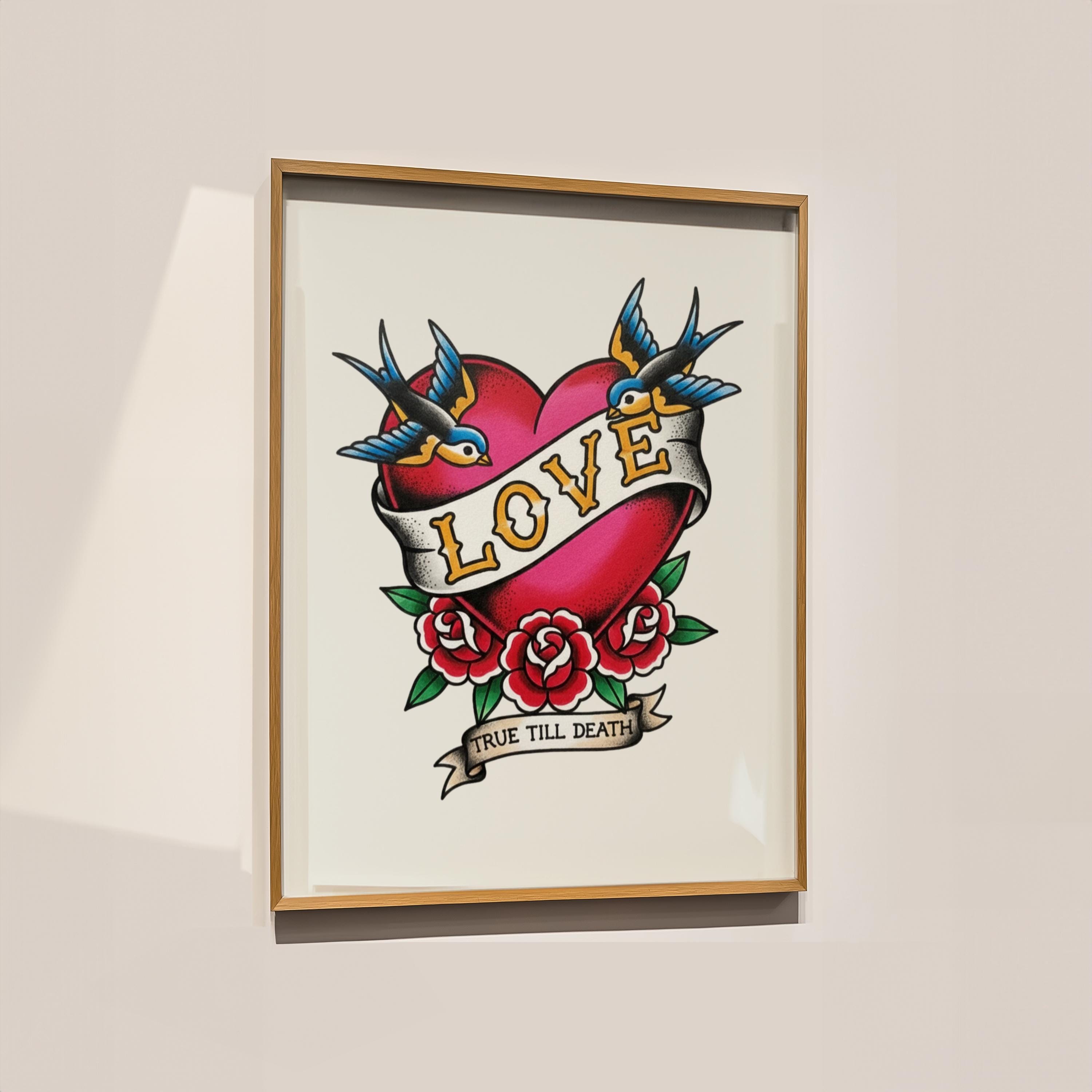 Traditional Tattoo Art Print | Heart & Swallows, Valentine's Gift