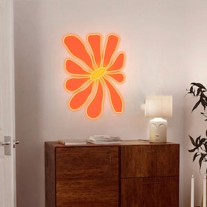 Girasol naranja - Signo de neón con impresión - Cartel de neón LED con impresión UV en tablero de acrílico, naranja y amarillo Decoración de pared moderna de mediados de siglo
