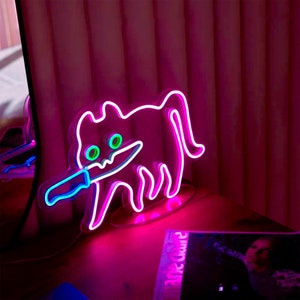Insegna al neon del gatto subdolo, divertenti luci a LED su un supporto, regalo per il partner o i bambini, luce per stimolare l'umore della camera da letto carina, gattino comico dispettoso
