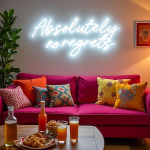 Lámpara de neón LED Absolutely No Regrets: moderna luz bohemia para oficinas en el hogar inspiradoras, espacios habitables modernos e interiores boutique