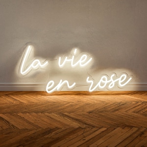 Acento de decoração estética – letreiro de néon La Vie En Rose, citação romântica francesa inspiradora, letreiro de néon LED, luzes encantadoras para decoração elegante