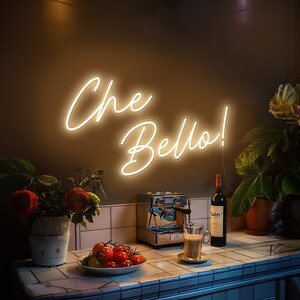 Che Bello! - Luz de néon para parede, sinal LED de decoração de cozinha italiana, lâmpada de sinalização personalizada, destaque estético moderno da sala de jantar