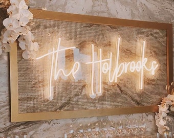 Neon Sign for Glamorous Wedding Reception , Elegant Light Up Family Name Signs for Sweetheart Table or Backdrop, Luxury Golden Decorations