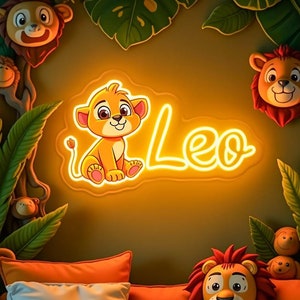 Luz de néon personalizada para crianças – Lâmpada noturna LED personalizada com desenho animado fofo para decoração de quarto infantil com tema de safári ou selva