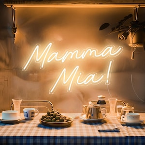 Sinal luminoso de néon para parede - Mamma Mia - Sinal LED de decoração de cozinha italiana, lâmpada personalizável personalizada, destaque estético moderno da sala de jantar