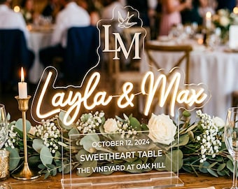 Sweetheart Table LED Neon Sign, Personalized Acrylic Wedding Name Light, Custom Reception Display with Date and Monogram