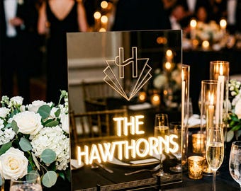 Art Deco Wedding LED Neon Sign, Custom Black Acrylic Family Name Light, Freestanding Reception Table Display