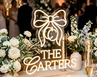 Custom Bow LED Neon Sign, Personalized Family Name Acrylic Light, Freestanding Wedding Reception Table Centerpiece