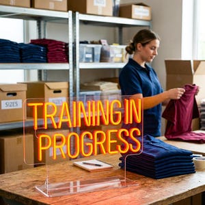 Può includere: Un cartello trasparente in acrilico con le parole "TRAINING IN PROGRESS" in luci al neon arancioni e gialle. Il cartello è su un tavolo di legno con una pila di camicie blu. Il cartello è lungo 50,8 cm.