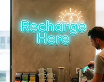 Office Wall Light LED Neon Sign, Recharge Here Decor for Employee Reset Corner, Staff Lounge Beverage Station and Wellness Zone