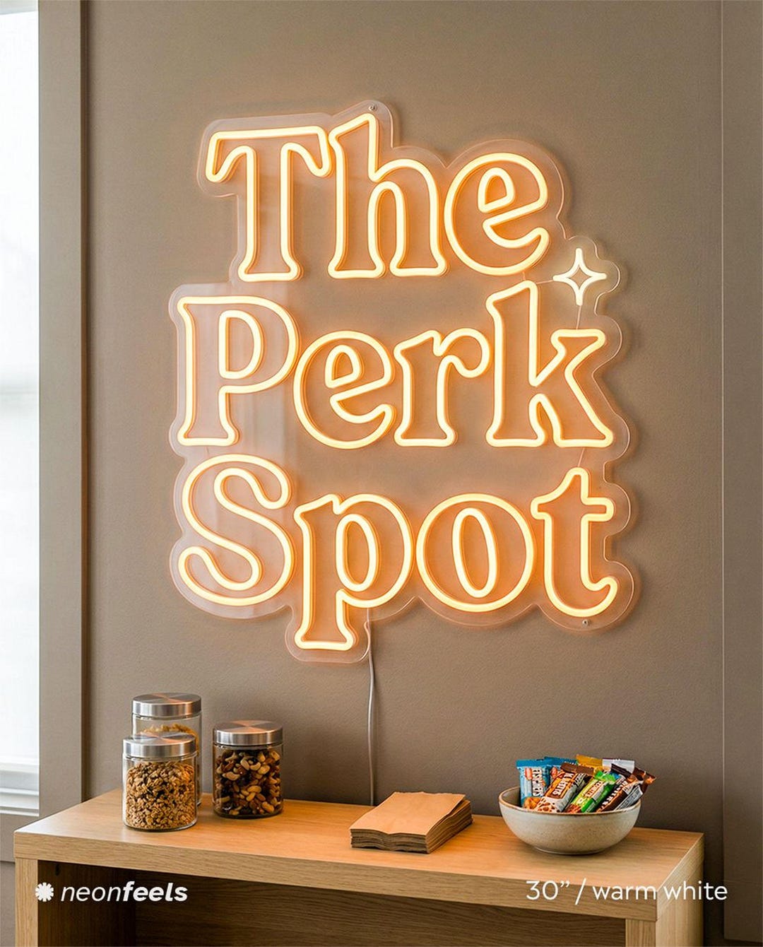 The Perk Spot Neon Wall Light, Workplace Perks Sign for Staff Lounge ...
