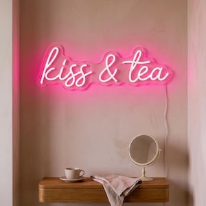 Kiss & Tea - LED Neon Phrase Sign, Tea Lover Wall Decor, Coquette Shelf Light, Apartment Corner Accent, Pink Quote Lamp